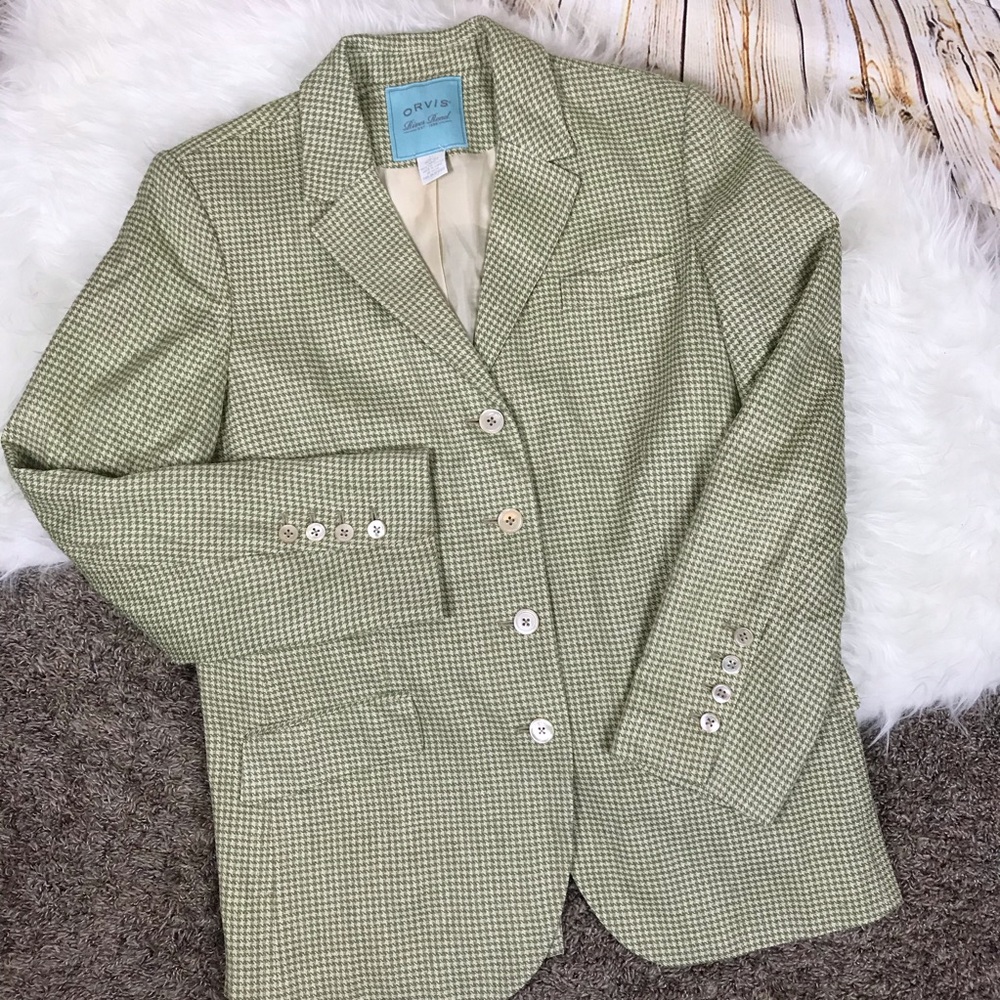 Orvis Silk Blazer Houndstooth Plaid Green Tan 12